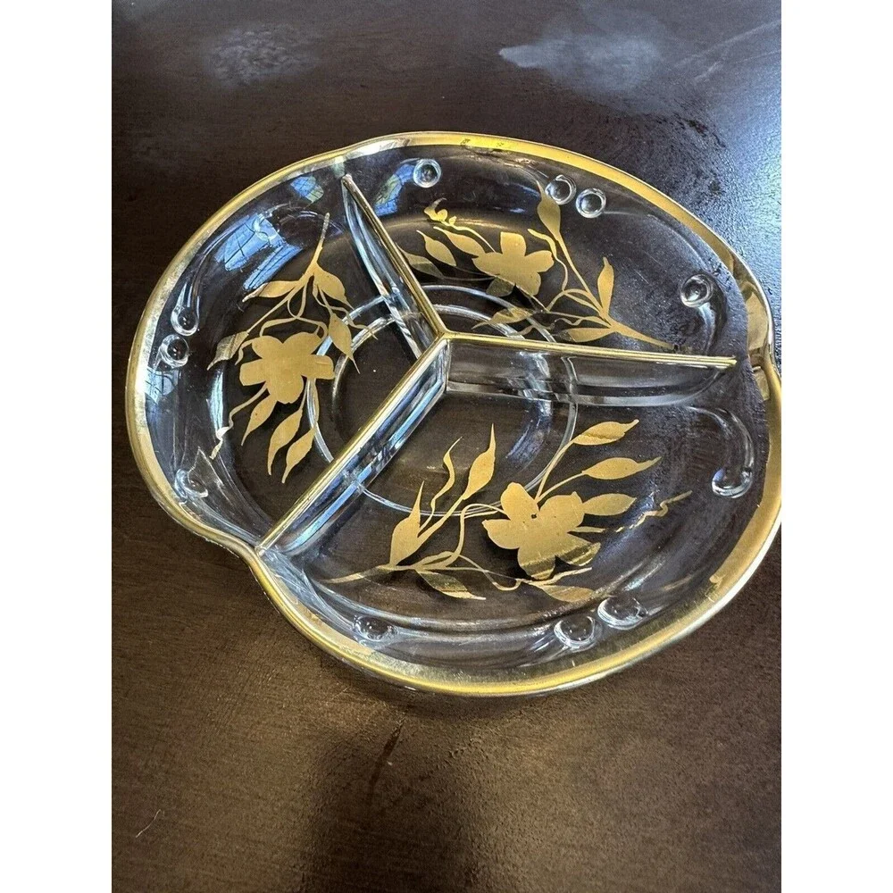 Vintage three sectioned gold trimmed candy dish, 8 inch diameter, MCM, holiday